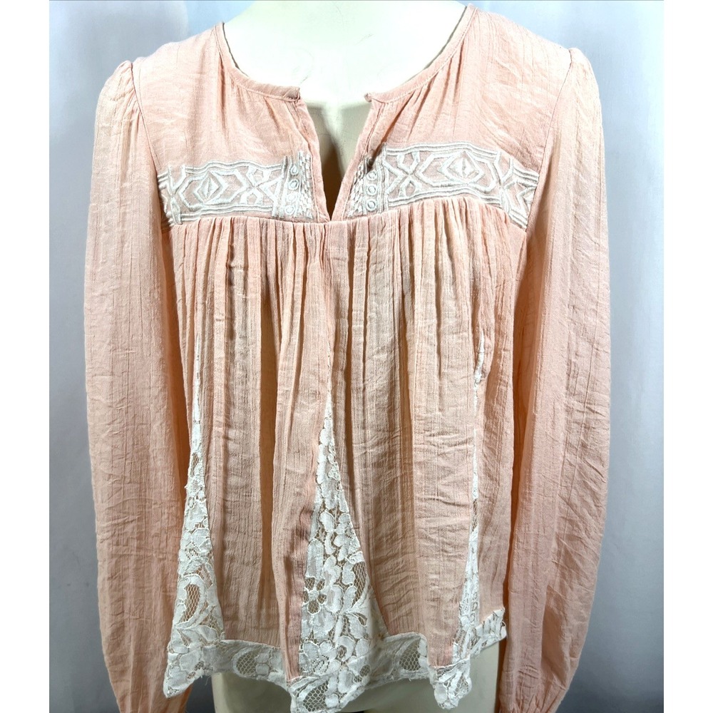 GB Gianni Bini Women's Melon Linen Boho Peasant Lace‎ & Embroidery Top Size M